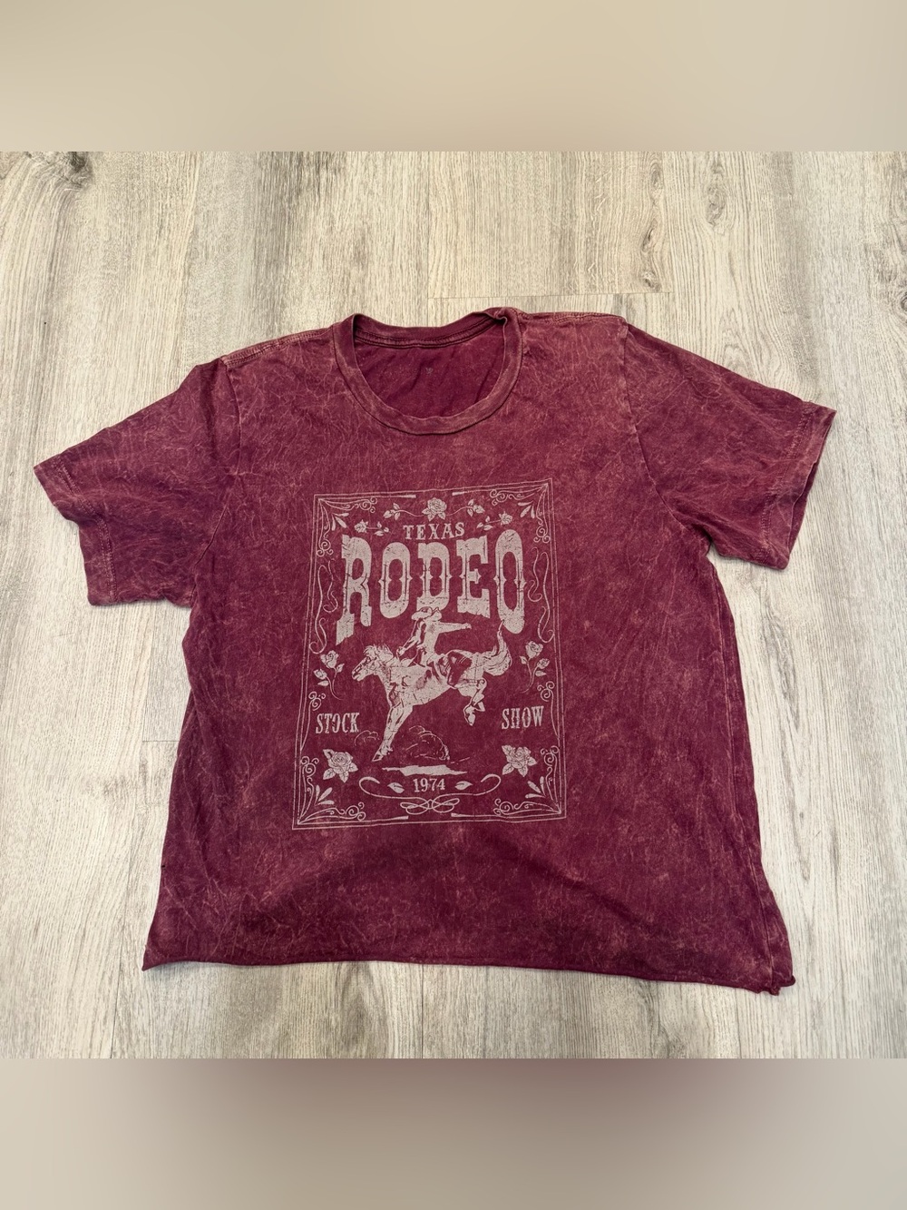 Texas Rodeo Western Graphic Tee Burgundy Mineral Wash Cropped Top